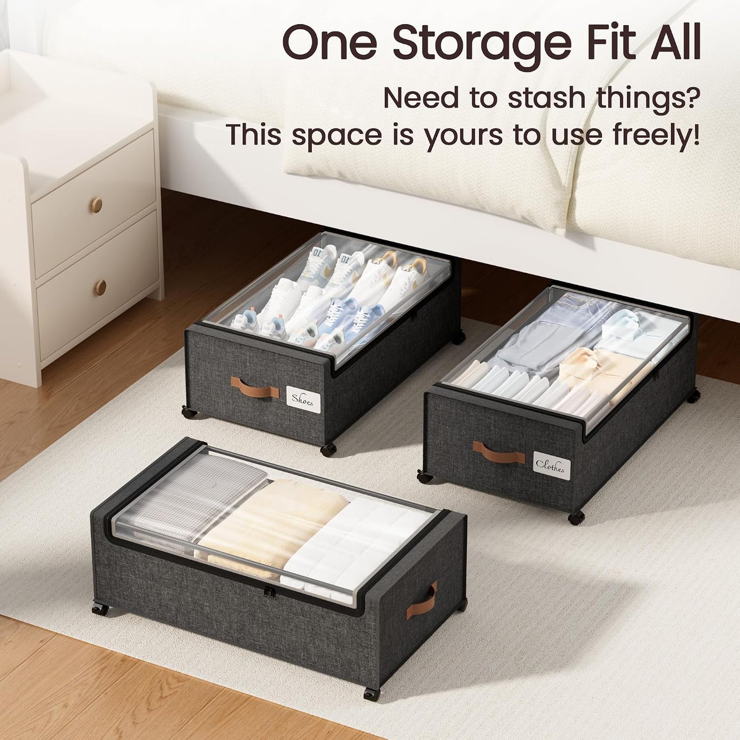 Yecaye Under Bed Storage with Wheels, 2 Pack Under Bed Storage Containers, 60L Underbed Shoe Storage with Clear Window & Label, Rolling Under Bed Metal Drawer for Clothes, Shoes, Books, Blankets