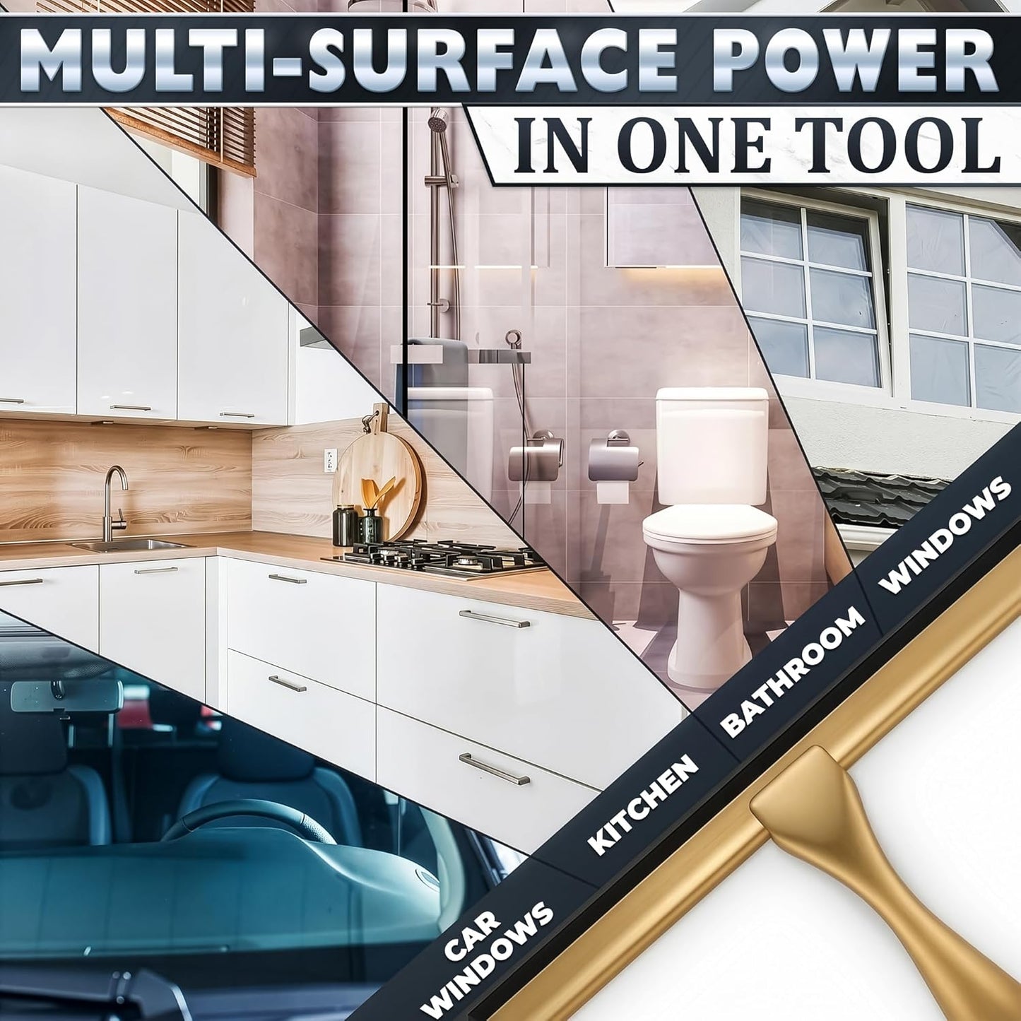 Shower Door Squeegee with Adhesive & Hanging Hooks, 12" Silicone Blade - Stainless Steel All-Purpose Squeegee for Shower Glass, Bathroom Mirror Cleaner Tool Suitable for Tile Walls - Multi-Surface Use