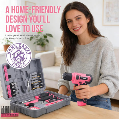 Hi-Spec Pink Tool Set with 8V Drill Set. Complete Cordless & Rechargeable USB Electric Drill Driver Kit for Women, Home DIY Repair & Maintenance, in a Compact Toolbox.