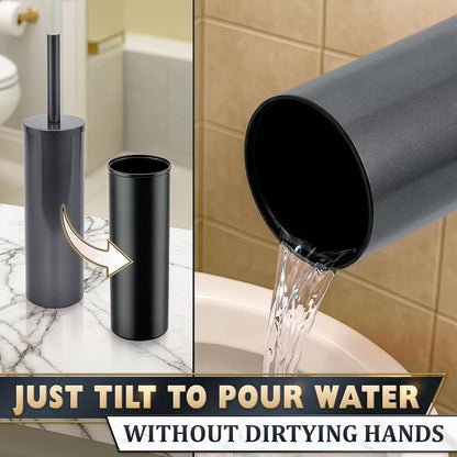 Black Toilet Brush and Holder Set - Slim Matte Design that Fits Anywhere - Stainless Steel Toilet Bowl Brush and Holder with 2 Rounded Corners, Replaceable Head, Removable Inner Bowl & Splash Guard