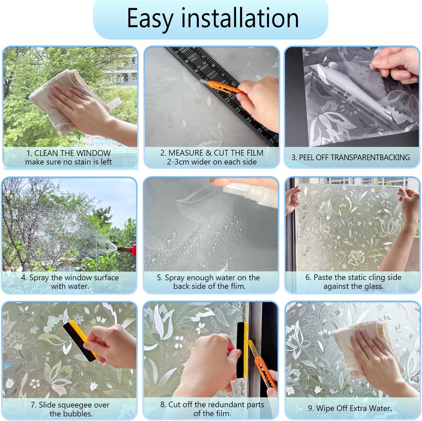 HIDBEA Frosted Window Privacy Film Heat Control UV Blocking, Static Cling Non-Adhesive Reusable Door coverings for Bathroom Home Office (Frosted 17.5 Inch x 6.5 Feet)