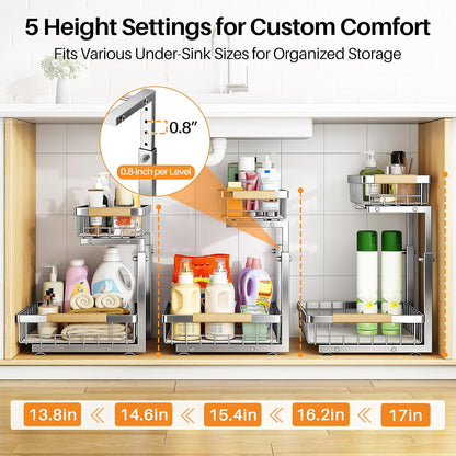 PXRACK Under Sink Organizer, Adjustable Height, 2 Tier Pull Out Under Cabinet Organizer, Slide Out Thickened Metal Under Sink Storage for Kitchen Bathroom Laundry Pantry Cabinet, White, Large-1-Pack