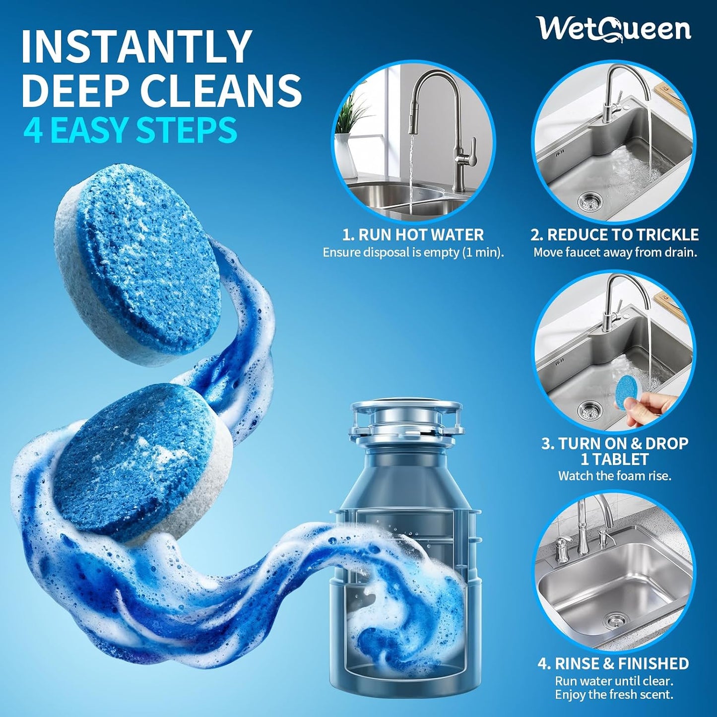 Wetqueen Garbage Disposal Cleaner and Deodorizer Tablets - 24 Pack, Fresh Ocean Scent, Powerful XL Foaming Drain Odor Eliminator, Sink & Garburator Freshener, Deep Cleaning, Septic Safe, 1 Year Supply