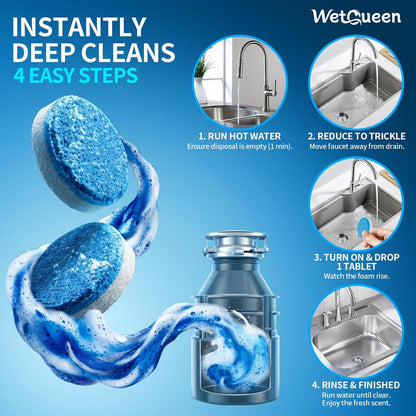 Wetqueen Garbage Disposal Cleaner and Deodorizer Tablets - 24 Pack, Fresh Ocean Scent, Powerful XL Foaming Drain Odor Eliminator, Sink & Garburator Freshener, Deep Cleaning, Septic Safe, 1 Year Supply