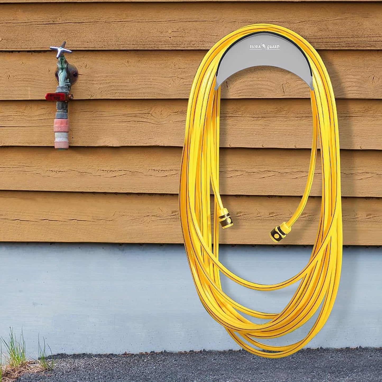 FLORA GUARD Garden Hose Holder, Heavy-Duty Hose Hanger, Holds Up to 125 ft, Garden Rack Wall Mount for Outside, Rust and Slip Resistant, Gray