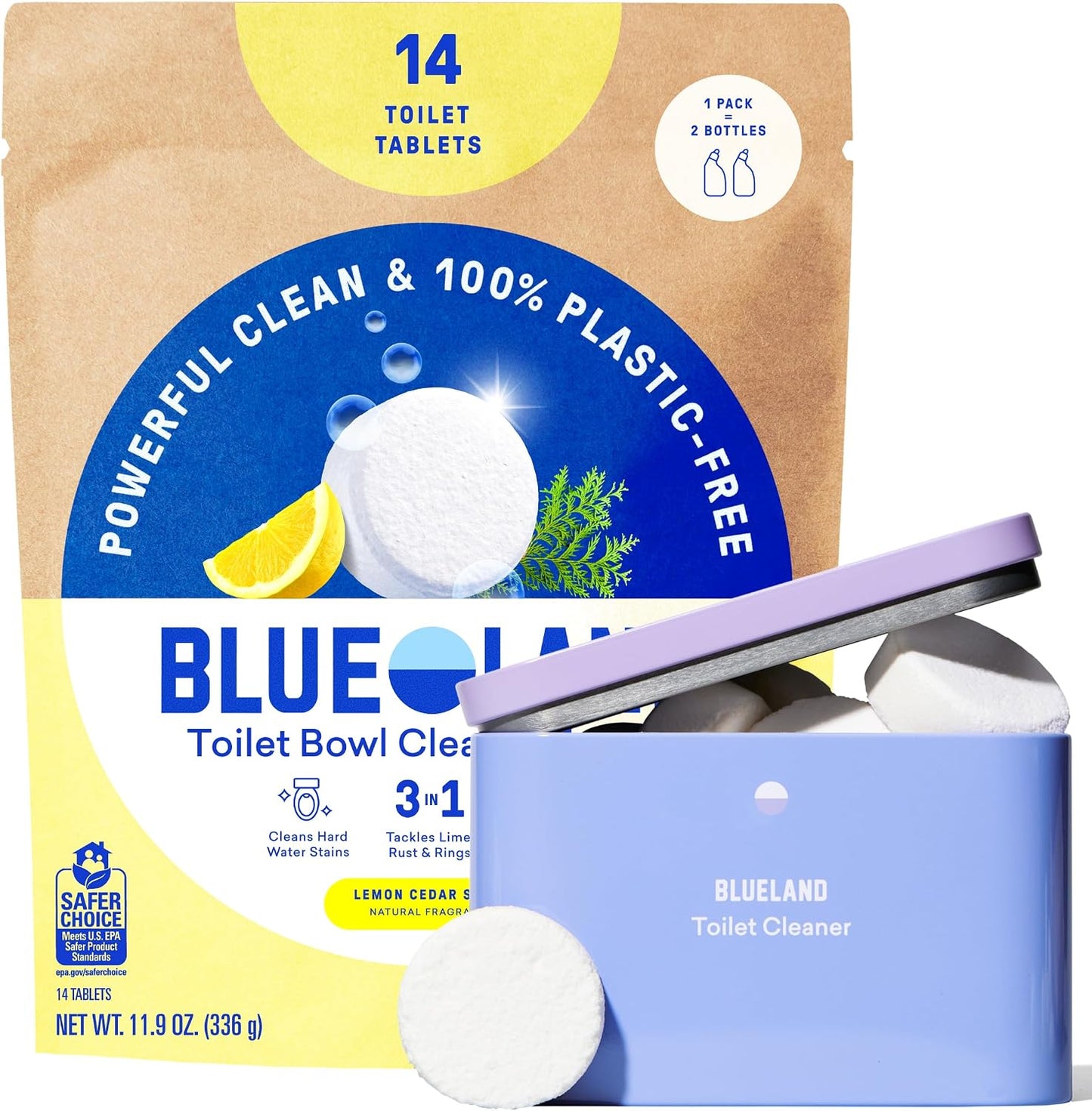 BLUELAND Toilet Bowl Cleaner Tablets, 14 Count (Pack of 2), Peppermint Eucalyptus, Plastic-Free, No Harsh Chemicals, Plant-Based, Septic-Safe, Removes Lime, Rust, Hard Water and Toilet Ring Stains