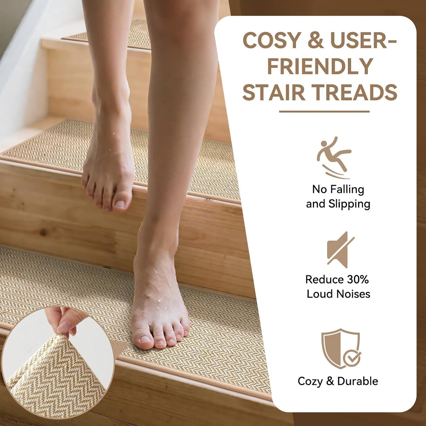 YDKGL Stair Treads Non Slip for Wooden Steps Indoor 15 Pack, Reusable Peel and Stick Adhesive Stair Treads Runner Rugs, Stair Carpet Floor Mats for Elders Pets, Easy to Install, Brown 8" x 30"