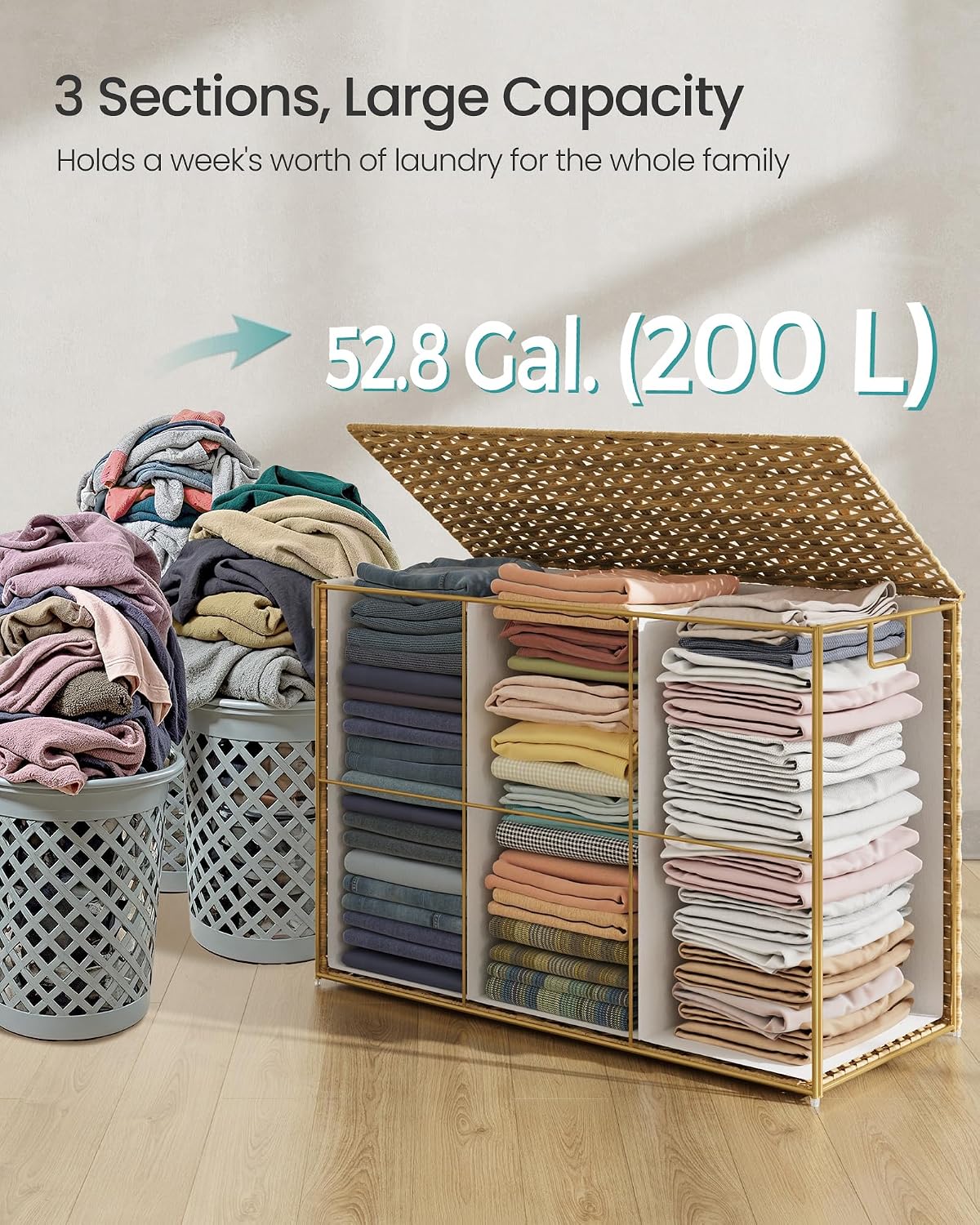SONGMICS Laundry Hamper with Lid, 23.8 Gallon (90 L) Synthetic Rattan Clothes Laundry Basket with Lid and Handles, Foldable, Removable Liner, Chestnut Brown ULCB051K02