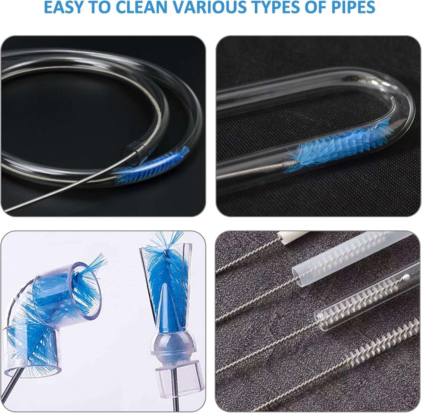 Flexible Drain Brush，75 Inch Long Straw Cleaner Brush and 3 Pcs of 8 inch Straw Brush，Nylon Cleaner Double Ended Elastic Hose Pipe(Blue)