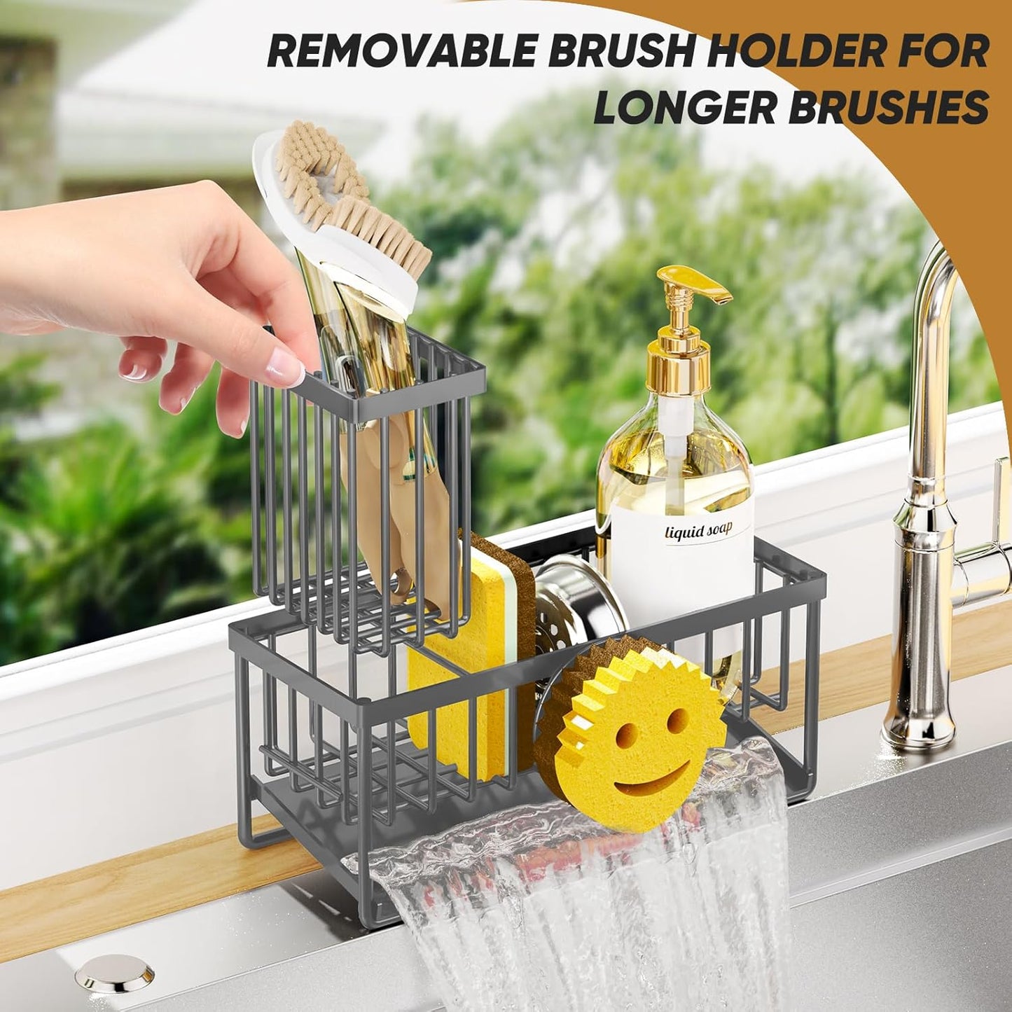 Sponge Holder for Kitchen Sink,Smiley Face Sink Caddy with Removable Brush Holder,Self-Draining Sponge Caddy for Soap,Dish Brush,Scrubber,Kitchen Essentials and Gadgets-Silver
