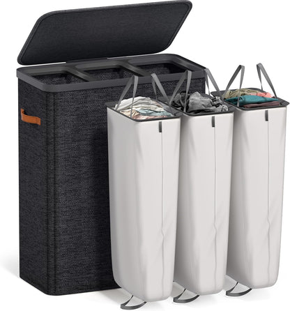 Sorbus Laundry Hamper with Lid - Collapsible 3-Compartment Fabric Laundry Basket with Handles and Removable Laundry Bag – 50 Gallon (190 L) Dirty Clothes Hamper for Bedroom, bathroom and dorm (Beige)