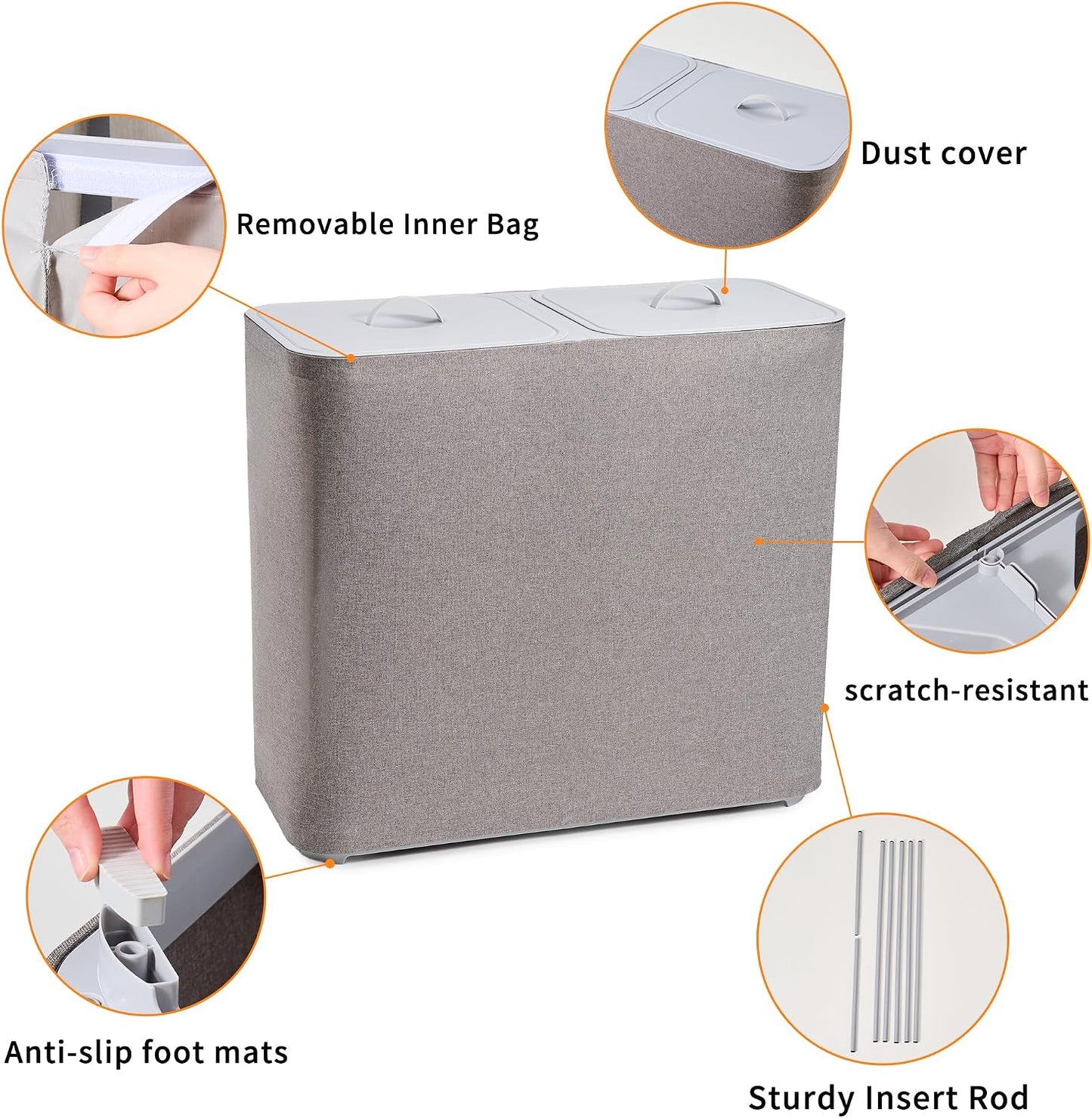 150L laundry hamper with lid, Large-sized Laundry Baskets, Portable 2 Dividers Dirty Clothes Basket with Handles, for Bedroom Laundry Room Closet Bathroom College, Grey