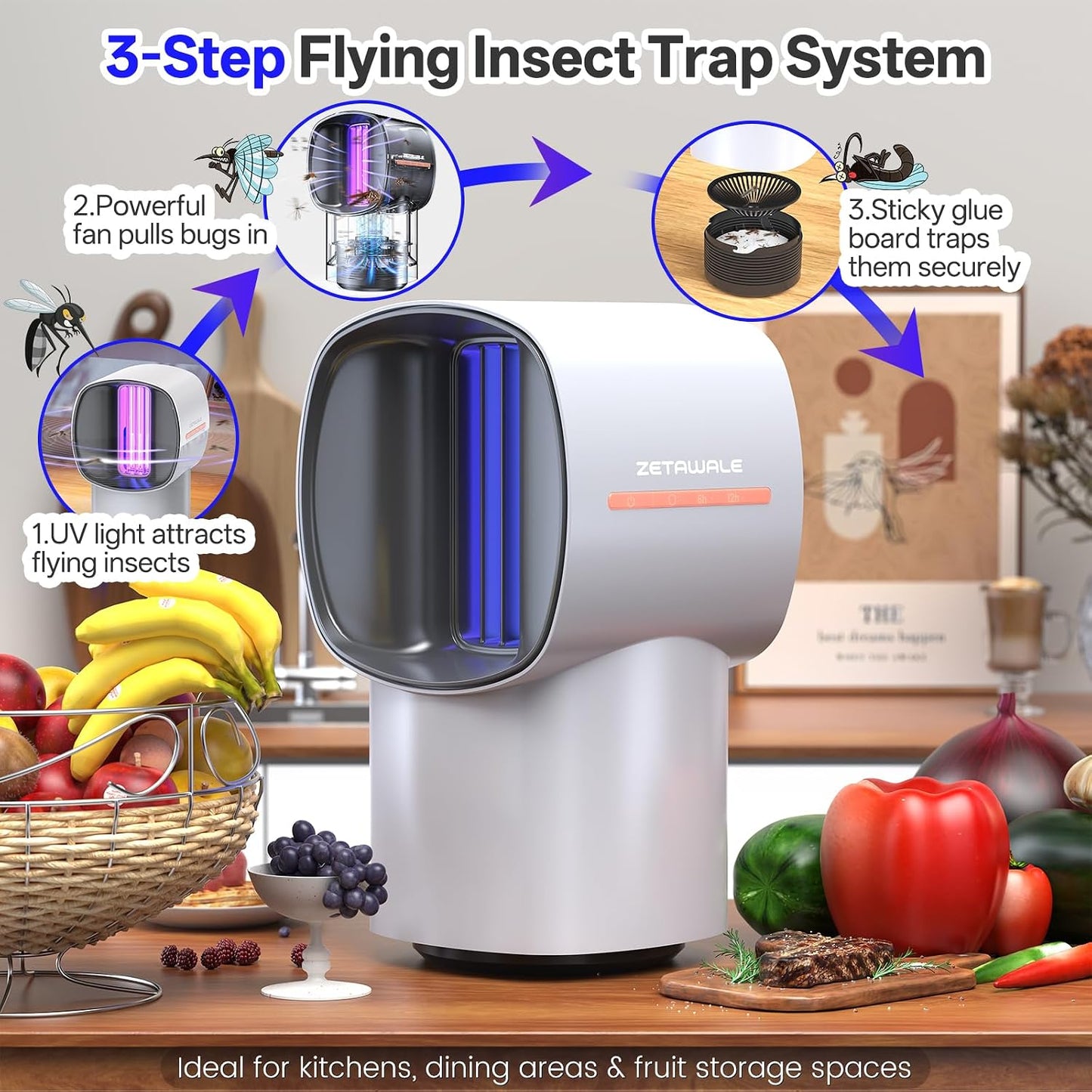 Fruit Fly Traps for Indoors, Gnat and Insects Catcher for House with UV Light, Heat Lure, Fan Suction, Ideal for Kitchen, Patio, Plant Pots, Bedroom, 5 Sticky Pads Included, USB-C Powered