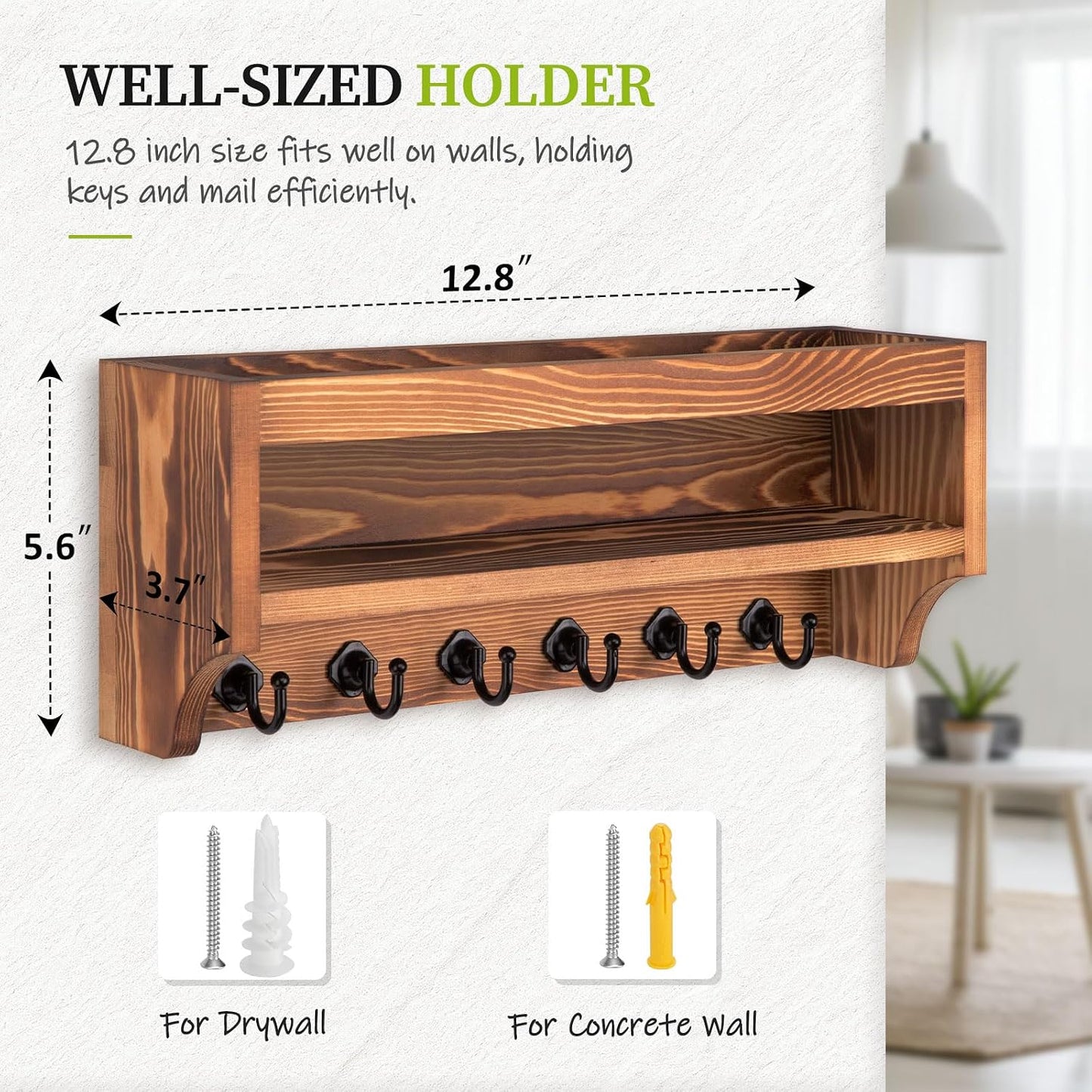 Nekon Key Holder Wall Mount, 12.8" W x 5.6" H x 3.7" D Wall Mounted Key and Mail Organizer with 6 Key Hooks, Key Racks for Home Entryway Decor (White)