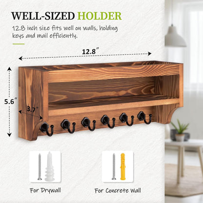 Nekon Key Holder Wall Mount, 12.8" W x 5.6" H x 3.7" D Wall Mounted Key and Mail Organizer with 6 Key Hooks, Key Racks for Home Entryway Decor (White)