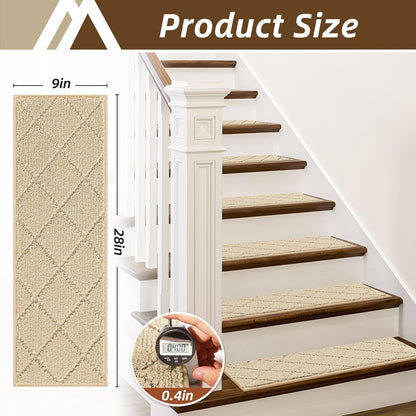 COSY HOMEER Edging Stair Treads Non-Slip Carpet Mat 28inX9in Indoor Stair Runners for Wooden Steps, Edging Stair Rugs for Kids and Dogs, 100% Polyester TPE Backing(4pc, Beige)
