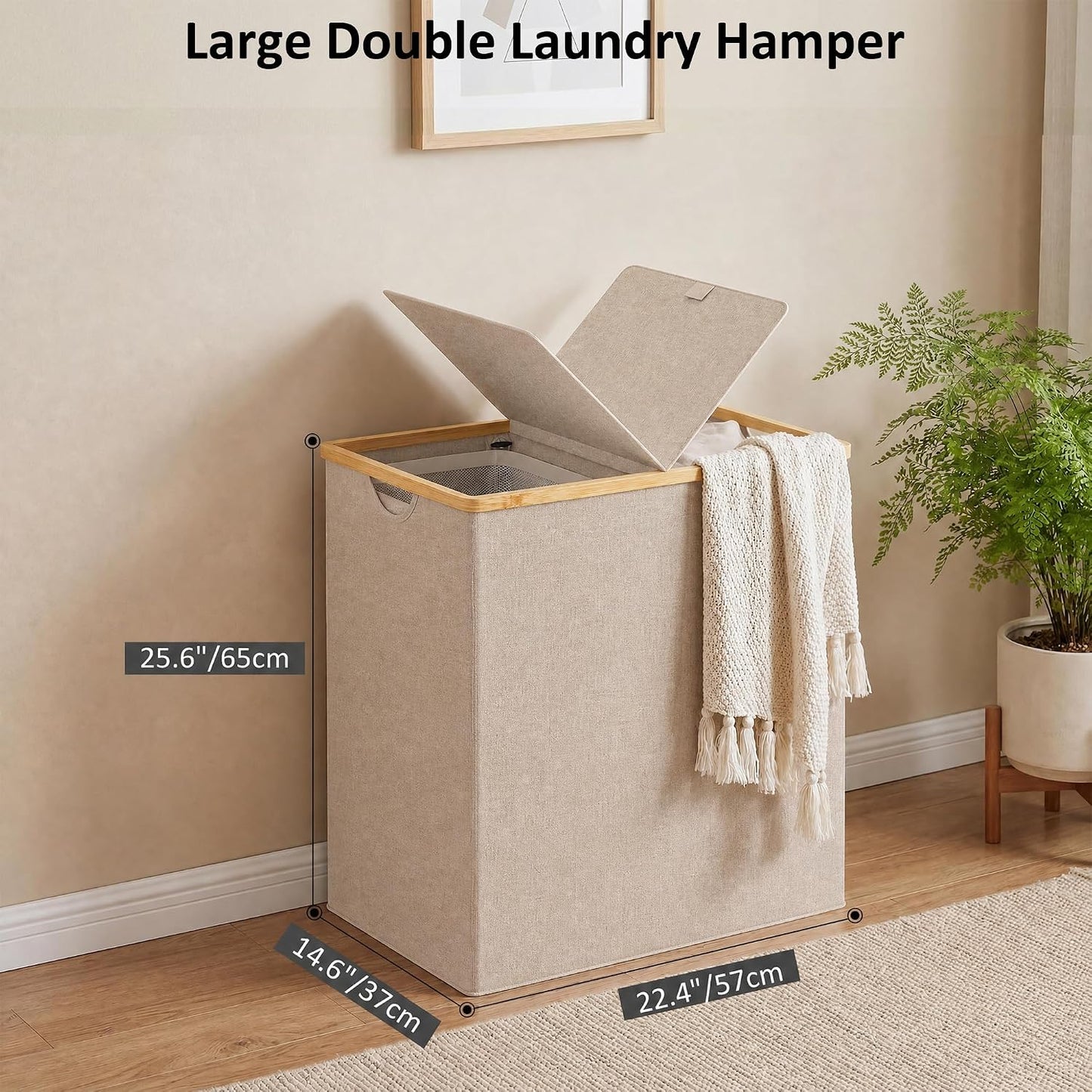 efluky Laundry Hamper with Lid, Trio Laundry Basket with 2 Removable Bags, 3 Section Laundry Bin with Bamboo Handles for Bathroom, Bedroom & Laundry Room, 160L (42.3 Gallon) Beige