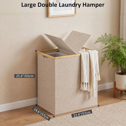 efluky Laundry Hamper with Lid, Trio Laundry Basket with 2 Removable Bags, 3 Section Laundry Bin with Bamboo Handles for Bathroom, Bedroom & Laundry Room, 160L (42.3 Gallon) Beige