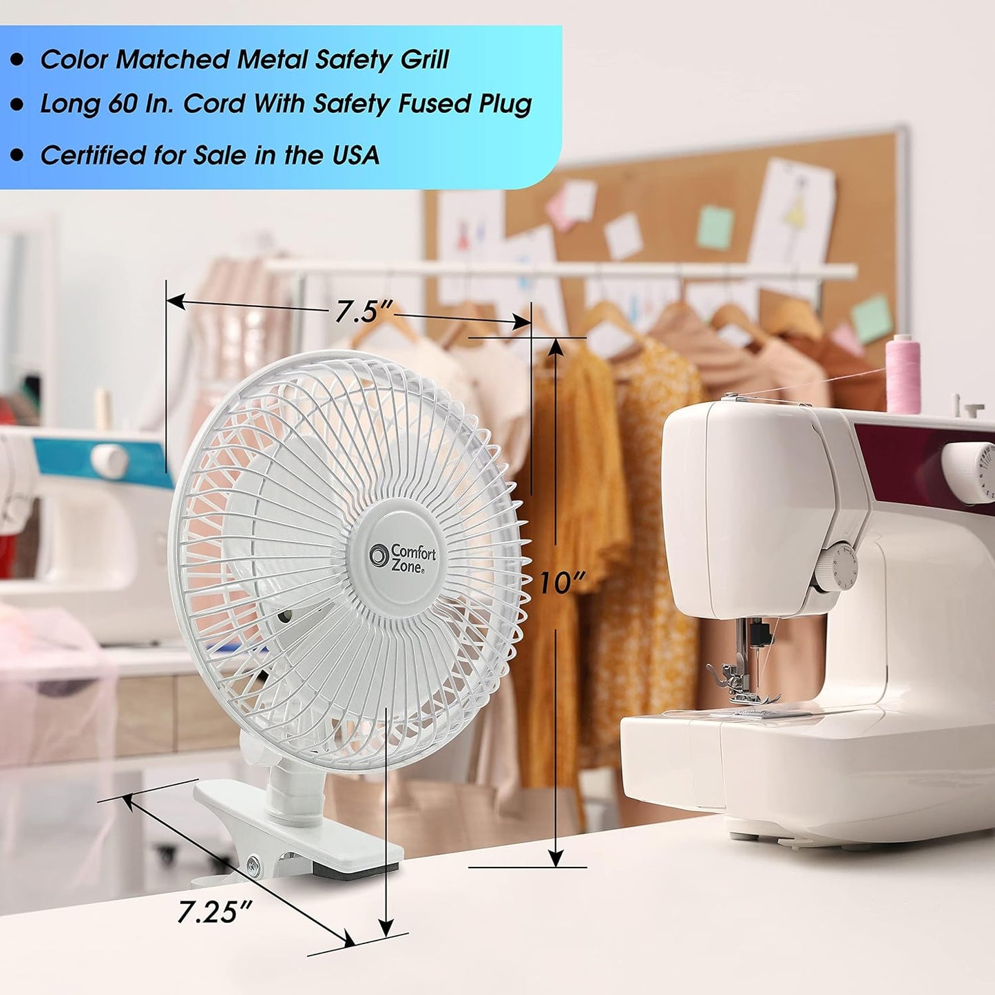 Comfort Zone 6-Inch Corded Clip-On Personal Fan – 2-Speed Quiet Desk Fan with 360° Rotation, Fully Adjustable Tilt & Secure Strong Clamp – Mini Air Circulator for Desks, Bedside & Office