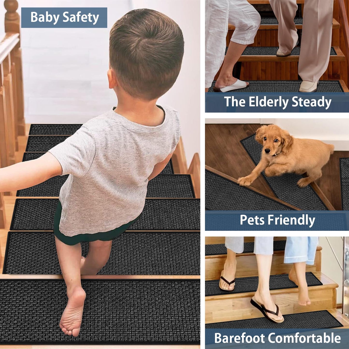 Peel and Stick Carpet Stair Treads for Wooden Steps Set of 15, Non Slip Adhesive Jute Stair Mats Indoor, Rubber Backing Safety Step Pads Mats, Grey, 8"x30"