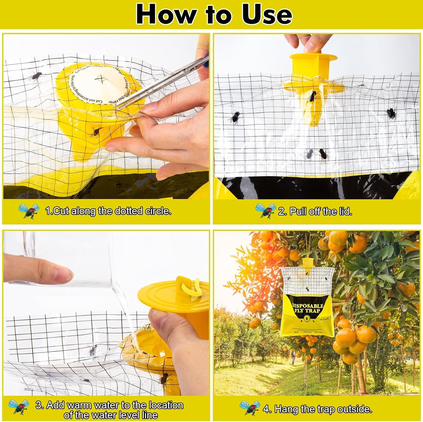 Outdoor Fly Traps for Patio, 4 Pack Pre-Baited Big Fly Bags Outdoor Disposable, Hanging Fly Catcher Hunter Stable Horse Ranch Control Repellent Killer for Barn, Farm
