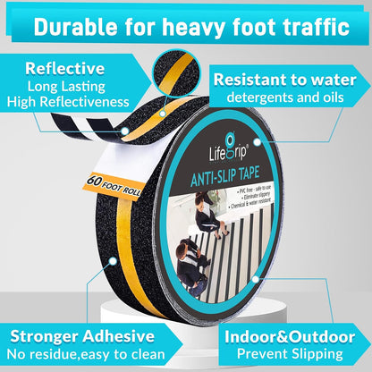 Lifegrip Anti Slip Tape, 4 Inch x 15 Foot Non-Slip Traction Grip Tape for Stairs, Waterproof Stair Treads Grip Non Slip, Non Skid Tape for Steps, Outdoor Black Grip Tape (4" X 15')