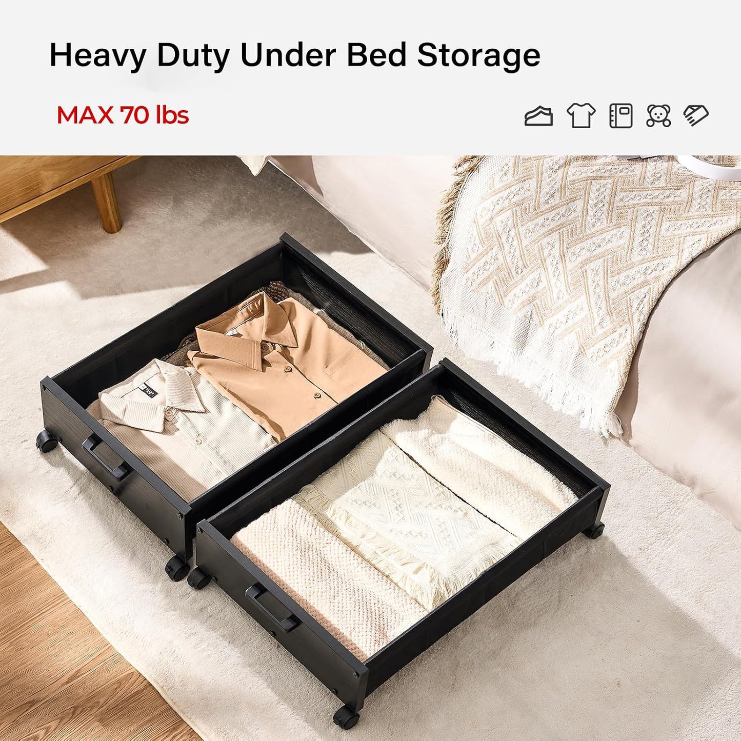 FOUCSSOMEI Under Bed Storage with Wheels, Wooden Under Bed Drawers On Wheels, Rolling Under Bed Shoe Storage, Space Saving, Rustic Brown,30L