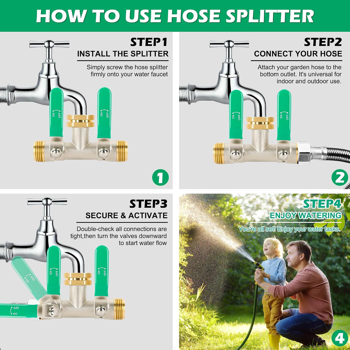Love Is War 2 Way Garden Hose Splitter, 3/4" GHT Thread Brass Faucet Splitter with Long Easy-Turn Handles, Outdoor Water Connector for Lawn Irrigation