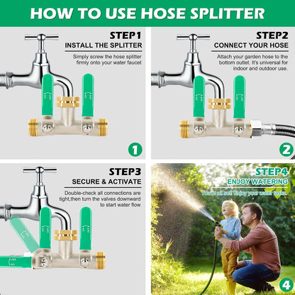 Love Is War 2 Way Garden Hose Splitter, 3/4" GHT Thread Brass Faucet Splitter with Long Easy-Turn Handles, Outdoor Water Connector for Lawn Irrigation