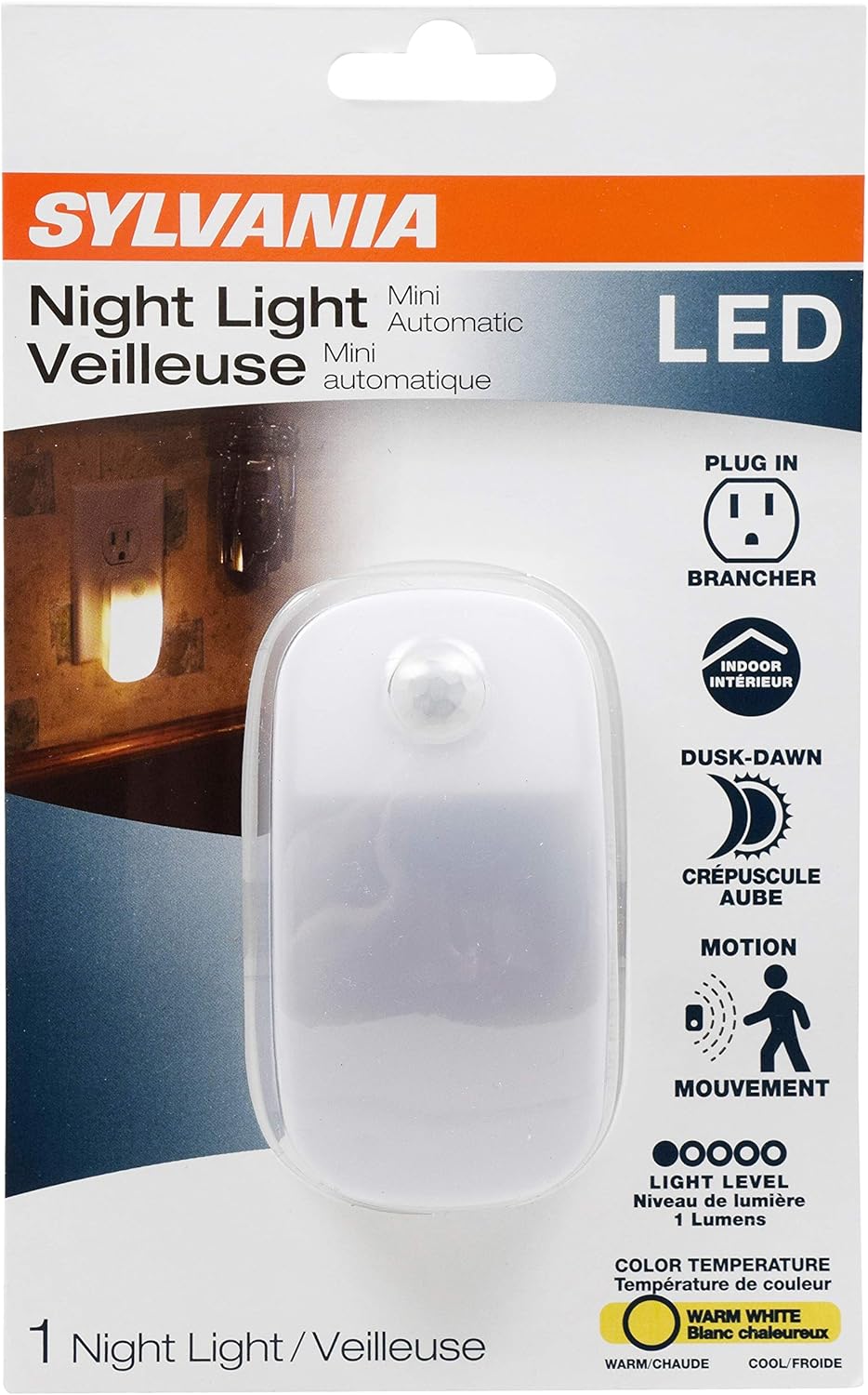 LEDVANCE Sylvania LED Mini Automatic Plug-in Night Light with Sensor, Motion Activated, Dusk to Dawn, Warm White, Plug-in Type - 1 Pack (64988)