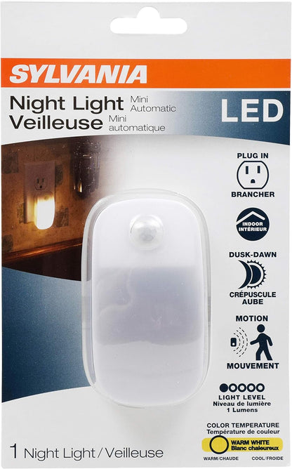 LEDVANCE Sylvania LED Mini Automatic Plug-in Night Light with Sensor, Motion Activated, Dusk to Dawn, Warm White, Plug-in Type - 1 Pack (64988)