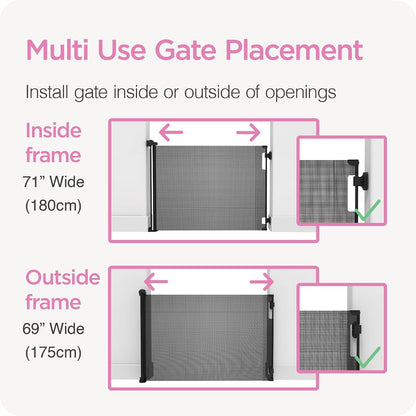 Retractable Baby Gate Perma Child Safety 33" Tall x 55” Wide, Mesh, for Stairs, Doorways, Dogs, Pets, Indoor, Outdoor, One-Handed Operation, Locking, Easy Install, Hardware Mount, White