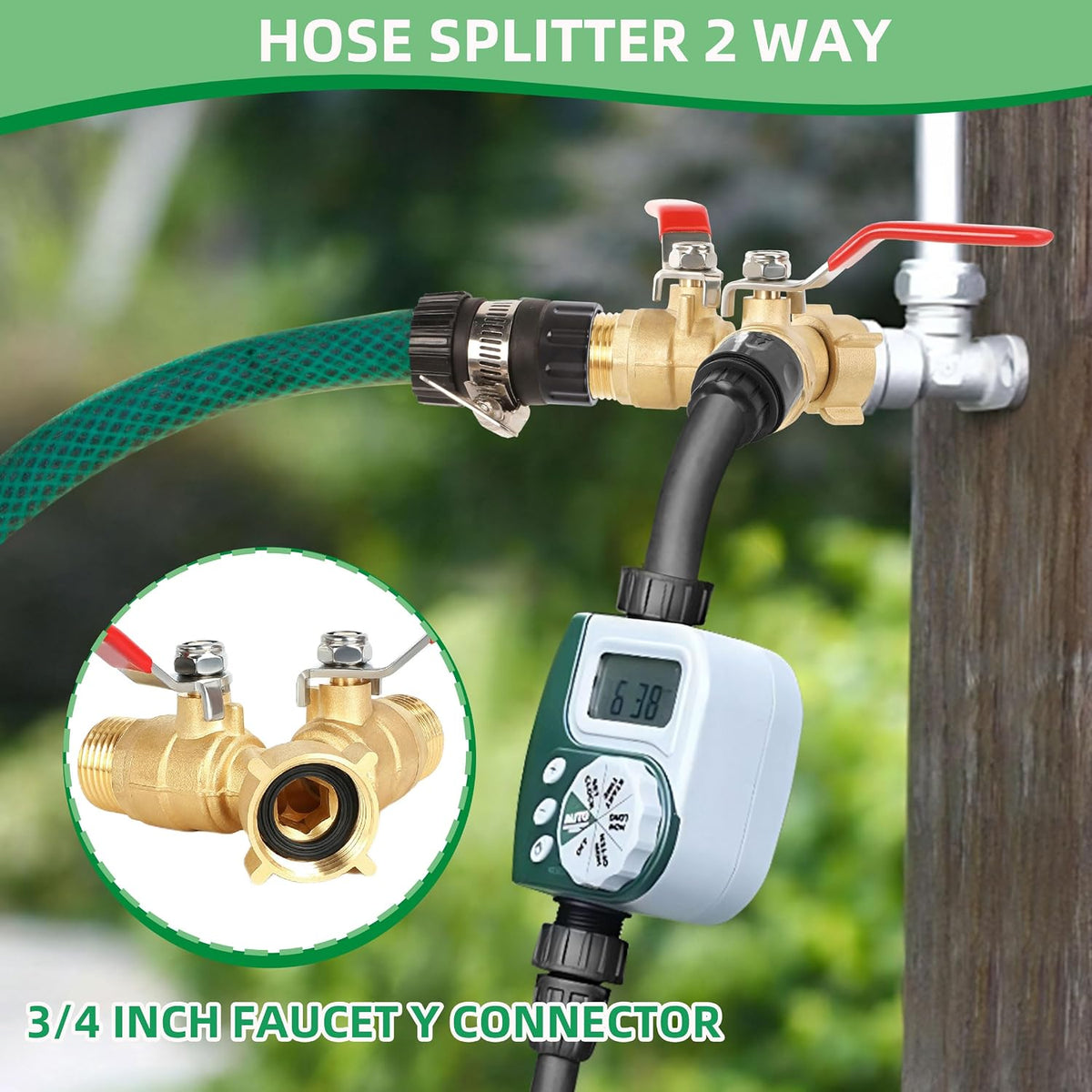 Upgrade Brass Garden Hose Splitter 2 Way Heavy Duty Y Valve With Stainless Steel Long Handle,4 Leakproof Washers,2 Connector,1 Tape As Gift,3/4" GHT Thread Water Hose Adapter