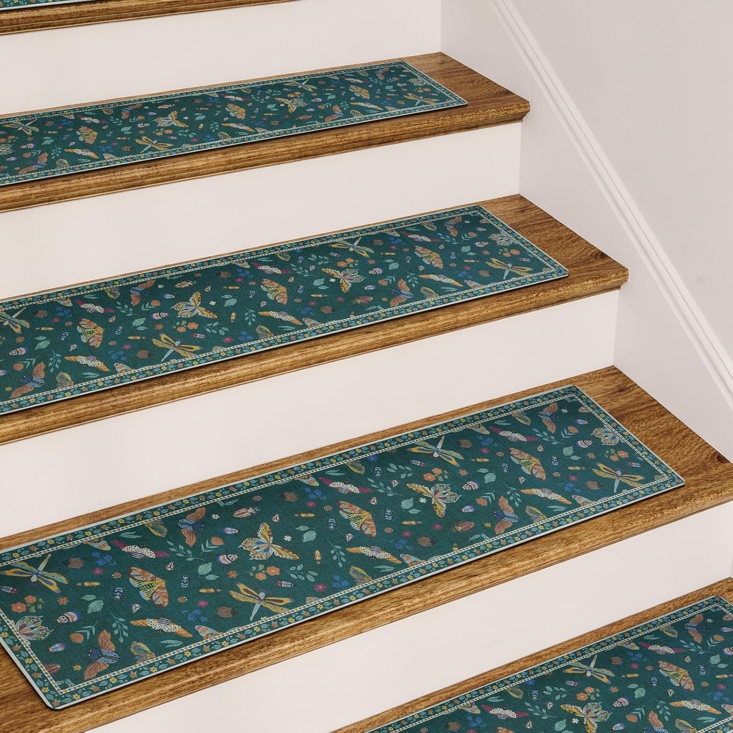OJIA Insect Print Stair Treads Non Slip Stair Runners for Wooden Steps Indoor, 15PCS 8"x30" Rubber Backing Carpet Treads for Wood Stairs Staircase Step Treads for Kids & Dogs, Stair Covers, Black