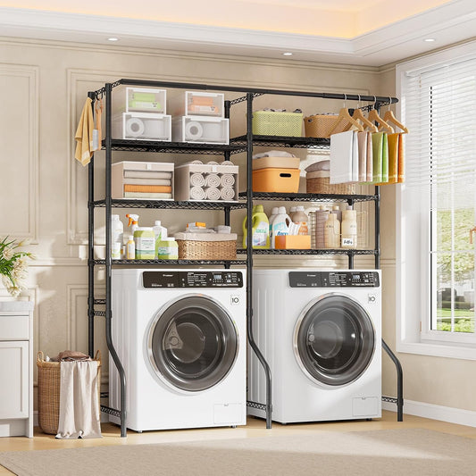 ONBRILL Expandable Over Washer and Dryer Shelves, 6 Tiers Laundry Room Organization and Storage with 2 Hanger Rods, 4 Hooks, Adjustable Height Metal Freestanding Clothes Drying Rack, Black