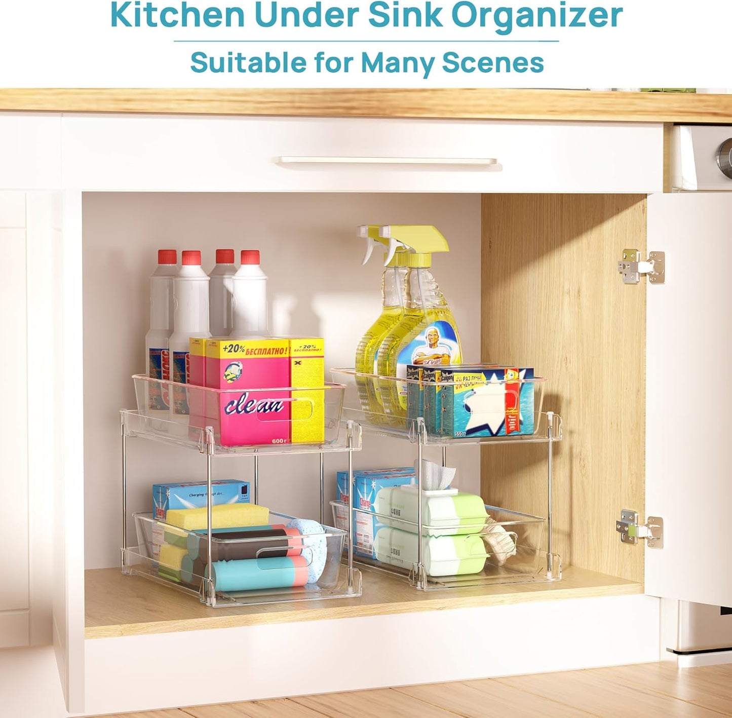 Vtopmart 2 Tier Bathroom Storage Organizer, 2 Pack Clear Under Sink Organizers Vanity Counter Container, Cabinet Drawers Bins, Pull-Out Organization with Track for Pantry, Kitchen