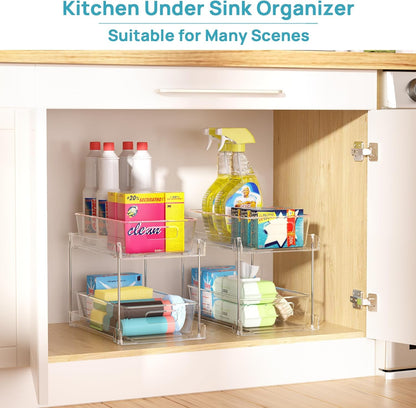 Vtopmart 2 Tier Bathroom Storage Organizer, 2 Pack Clear Under Sink Organizers Vanity Counter Container, Cabinet Drawers Bins, Pull-Out Organization with Track for Pantry, Kitchen