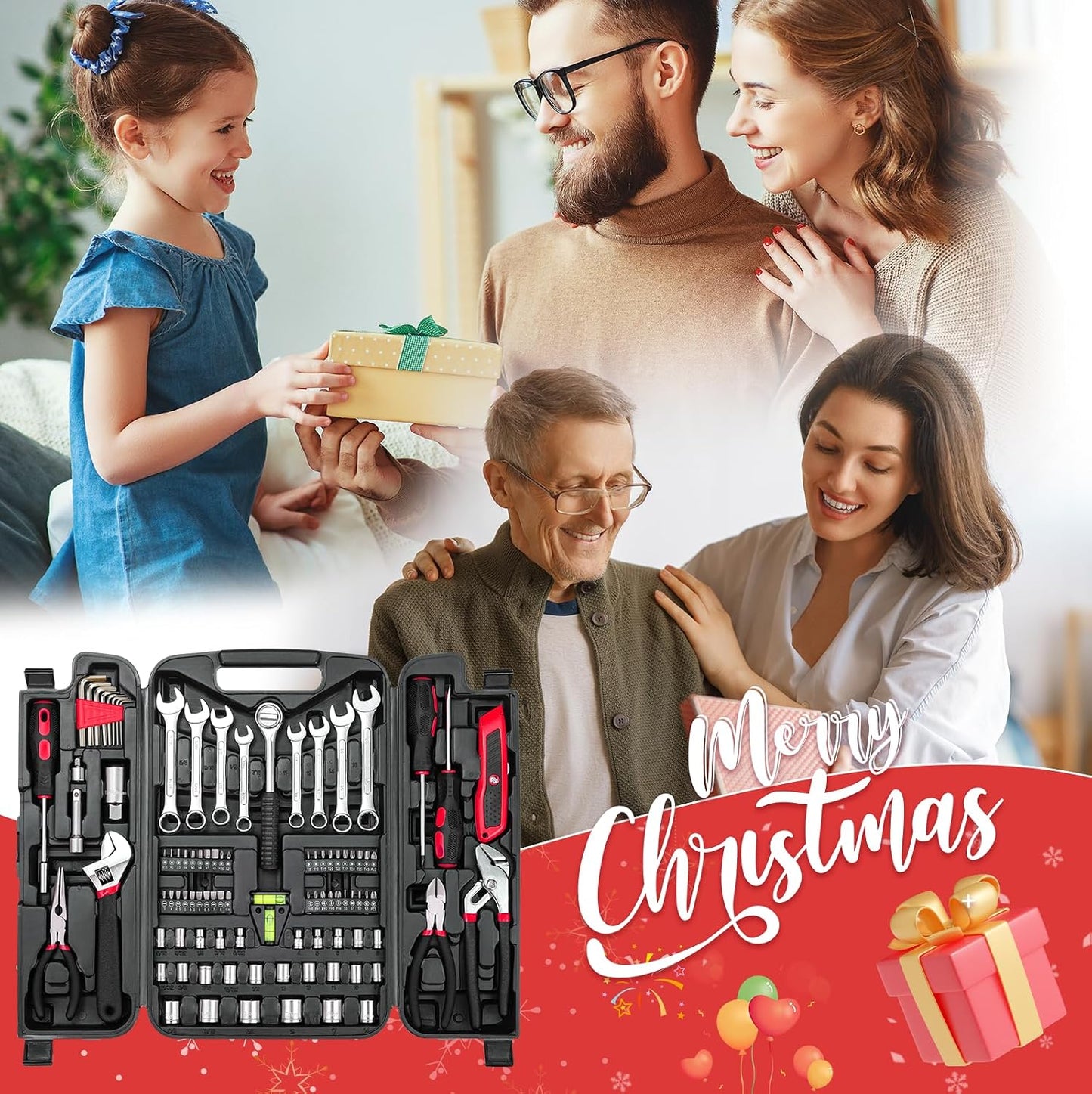 TLGREEN 95 Piece Tool Set, Tool Kit, Mechanics Tool Set, Portable Toolbox with Adjustable Wrench Pliers Socket Bits, with Plastic Toolbox, for House Apartment Garage (Red)