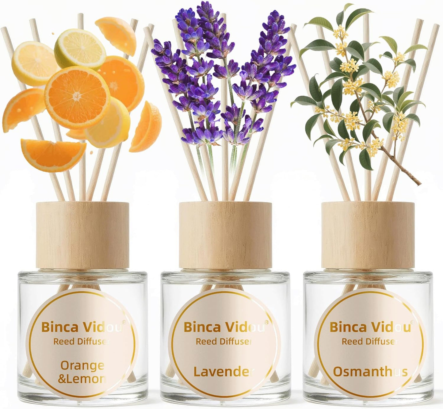 Reed Diffuser Set, Binca Vidou Lavender & Vanilla Natural Scent Oil Diffusers with Sticks for Home Office Bathroom Aromatherapy Decor 1.69oz x 2