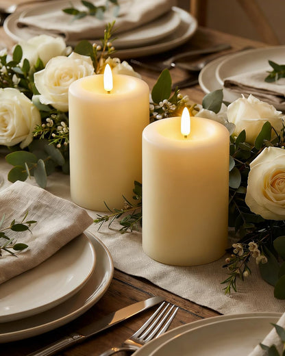 Gmnee 3"x4" Flickering Flameless Candles with Remote Timer, Real Wax, Ivory Pillar Candles, Set of 3 Fake LED Battery Operated Candles for Home, Fireplace, Centerpiece, Rustic and Farmhouse Decor