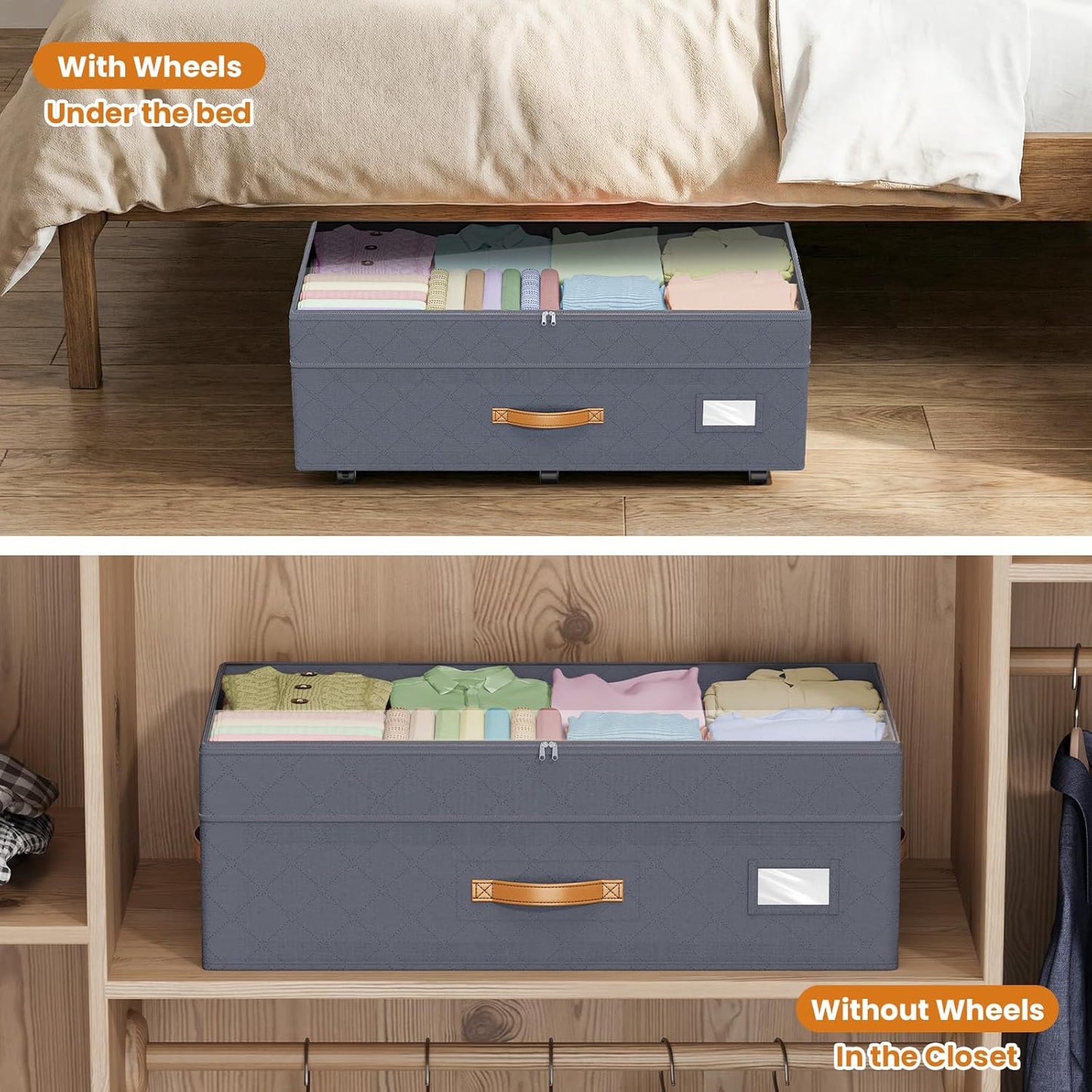 Budding Joy 80L 2 Pack Adjustable Under Bed Storage with Wheels | Underbed containers with clear lids, rolling under bed shoe storage organizer for dorm home clothes, blankets, toys, black