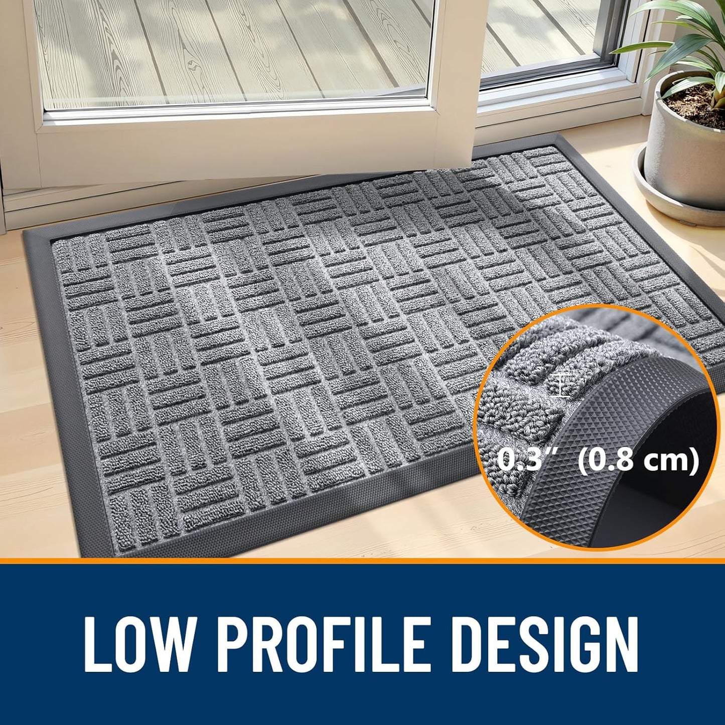 OLANLY Front Door Mat Outside Entrance 29.5x17, Absorbent, Heavy Duty Sturdy Natural Rubber Doormat Indoor Outdoor, Stain and Fade Resistant, Non-Slip Backing Low Profile Floor Mat for Entryway, Grey