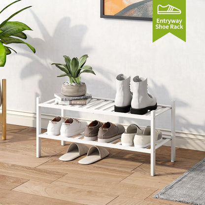 BMOSU 2-Tier Bamboo Small Shoe Rack Premium Stackable Shoe Shelf Storage Organizer for Hallway Closet Living Room Entryway Organizer (Black Bamboo)