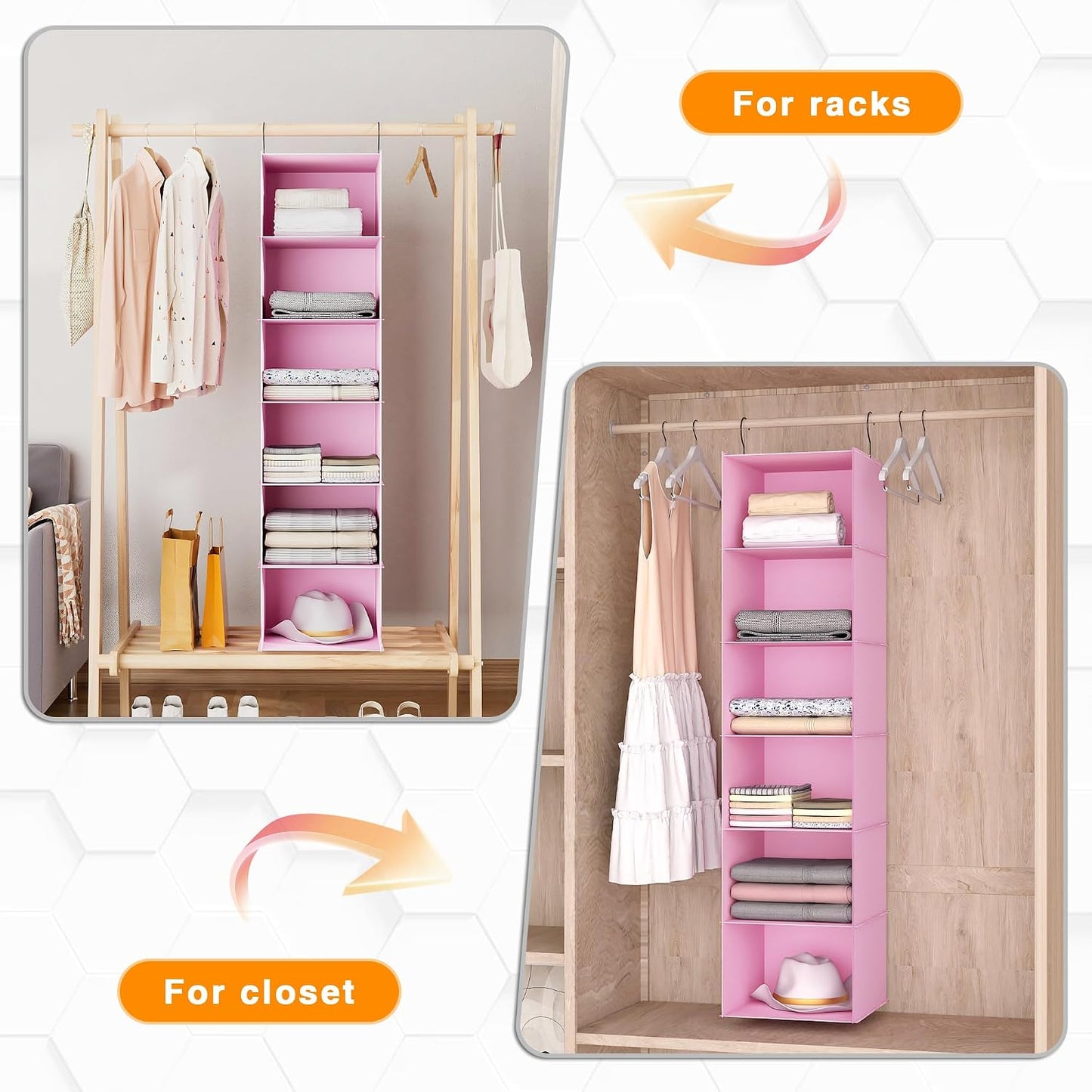 Hanging Closet Organizer 3-Shelf, Oxford Fabric Wardrobe Storage, Gray | Easy-mount foldable design holds clothes, handbags, shoes & accessories; washable Oxford fabric, sturdy and space-saving.