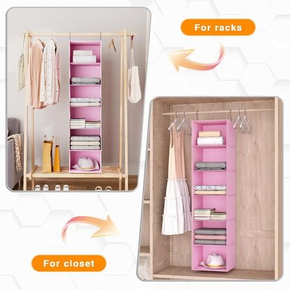 Hanging Closet Organizer 3-Shelf, Oxford Fabric Wardrobe Storage, Gray | Easy-mount foldable design holds clothes, handbags, shoes & accessories; washable Oxford fabric, sturdy and space-saving.