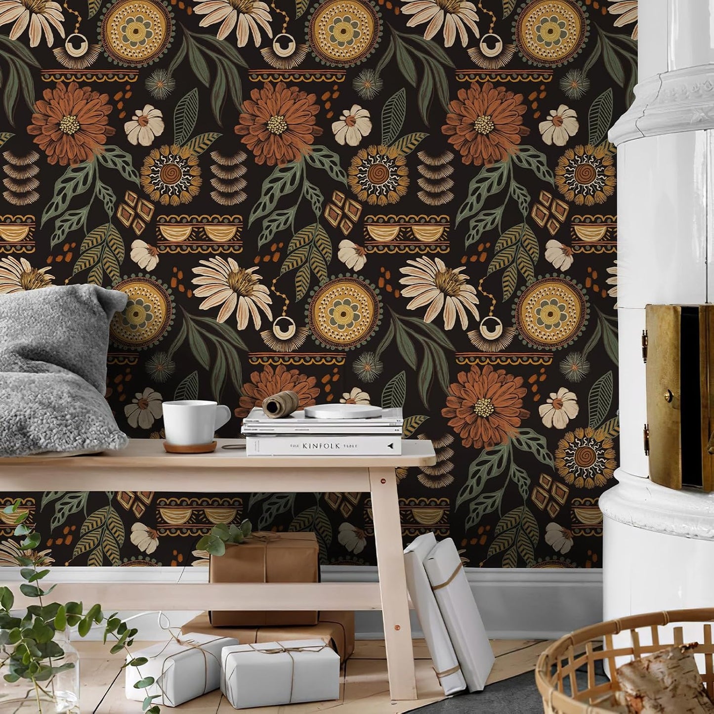 Simon&Siff Boho Peel and Stick Wallpaper, 17.3" x 80" Sun Floral Retro Contact Paper Removable Self Adhesive Wall Paper for Cabinets Furniture Bedroom Nursery Bathroom Renter Friendly DIY Decor