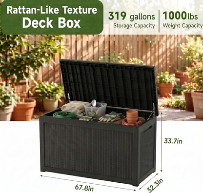 MAKINO 152 Gallon Resin Outdoor Storage Box, Waterproof Deck Box with Lockable Lid, Outside Storage Box for Patio Furniture, Pool Accessories, Garden Tools, Storage Bench for Backyard, Porch, Black