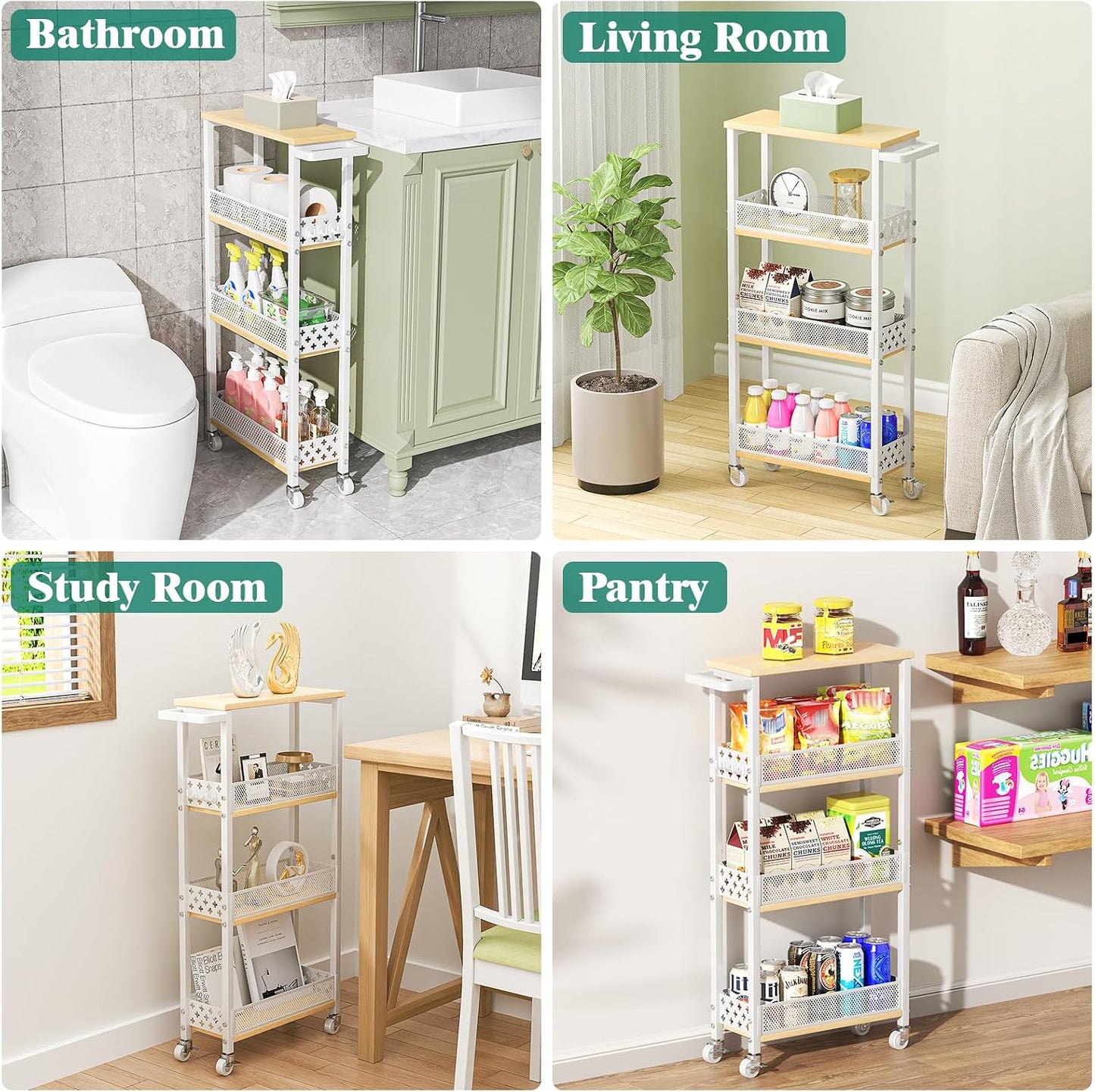 Giwil 4-Tier Slim Rolling Storage Cart for Kitchen Bathroom Organizer, Mobile Narrow Storage Cabinet Utility Cart with Wood Rack on Wheels for Pantry Laundry Small Space
