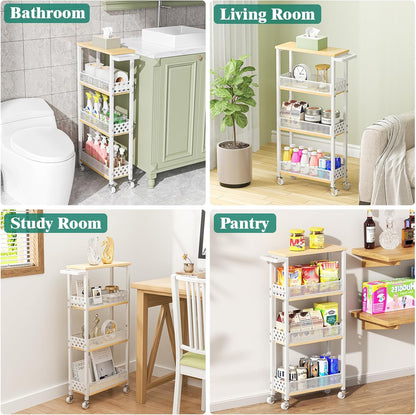Giwil 4-Tier Slim Rolling Storage Cart for Kitchen Bathroom Organizer, Mobile Narrow Storage Cabinet Utility Cart with Wood Rack on Wheels for Pantry Laundry Small Space