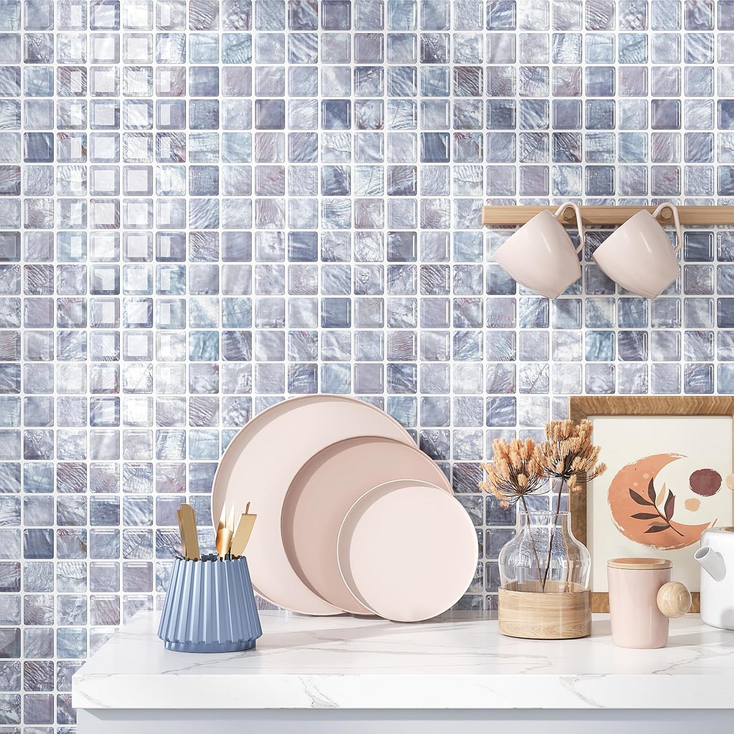 VEELIKE Cream Beige Mosaic Peel and Stick Backsplash for Kitchen Backsplash Tiles Peel and Stick Waterproof Wall Tile Stickers 12''x12'' 6 Sheet Removable Self Stick on Backsplash for Kitchen Bathroom